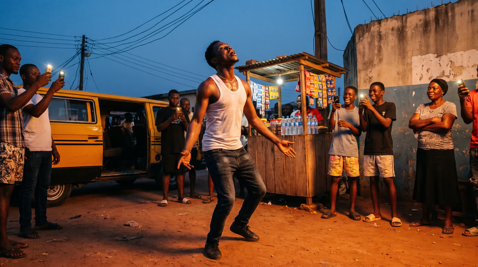 A young man dancing in a Lagos street at dusk while neighbours film him on their phones.
